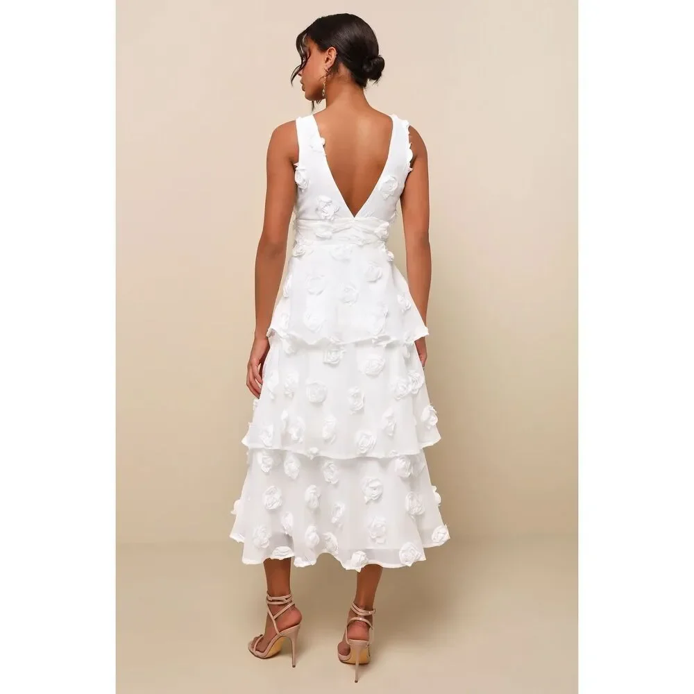 Lulus Exceptional Entrance White Sleeveless Tiered Rosette Midi Dress Size M NWT - Picture 3 of 11